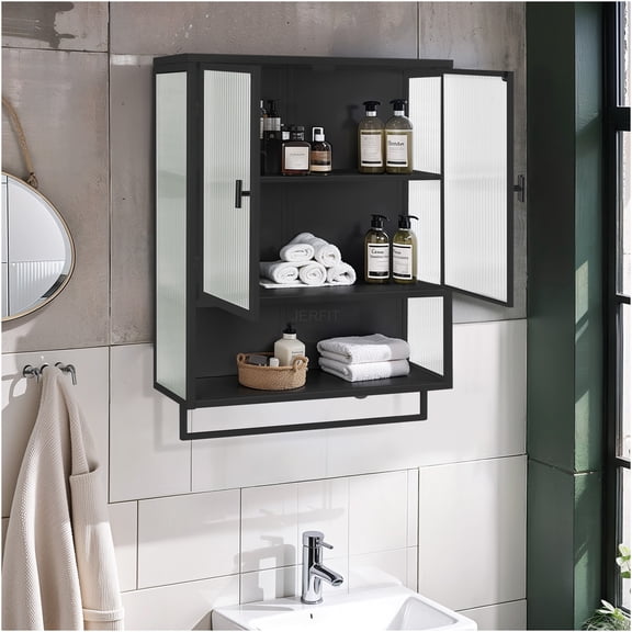 JERFIT 24" Modern Wall Mounted Bathroom Cabinet with Glass Doors, Storage Shelf & Towel Bar, Space Saving Organizer for Entryway, Living Room, Dining Room, Black