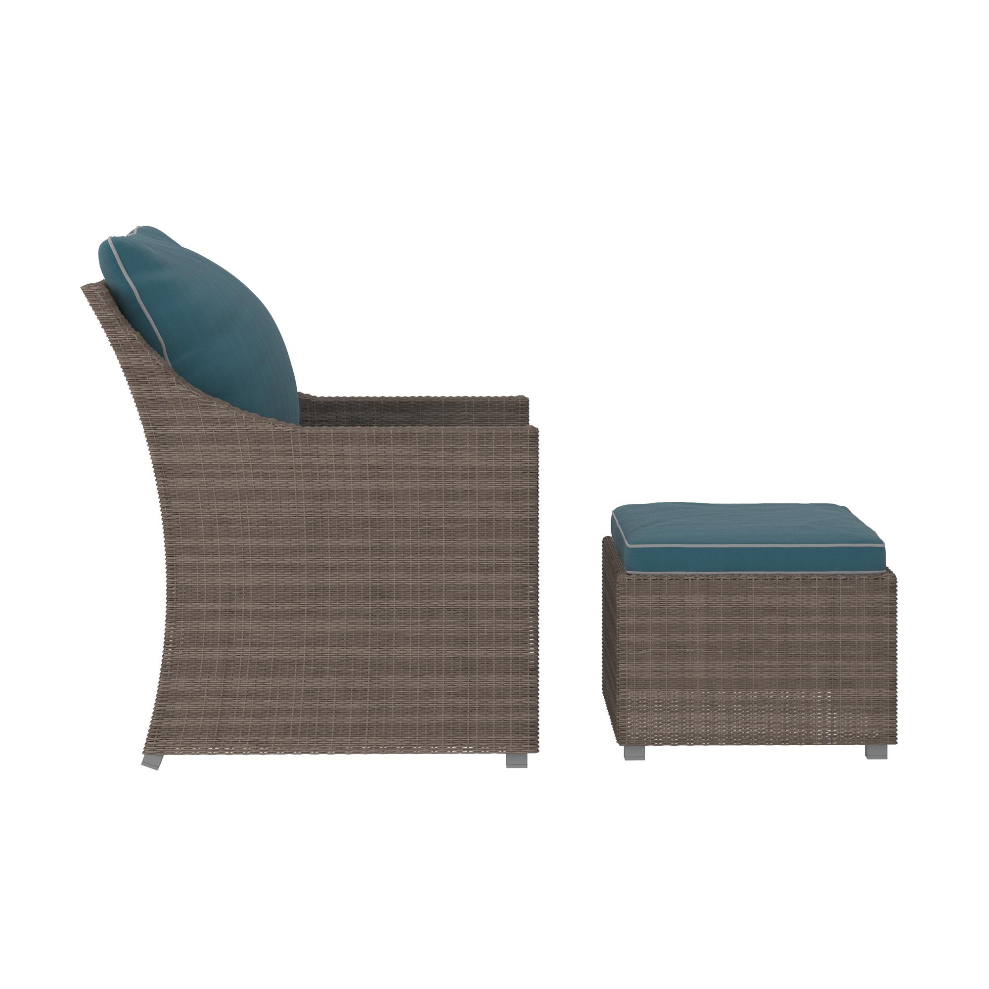 COSCO Outdoor, 2 Piece Patio Set, Lounge Chair, Multifunctional Ottoman/Table, Gray Wicker, Teal Blue Cushions - image 2 of 9