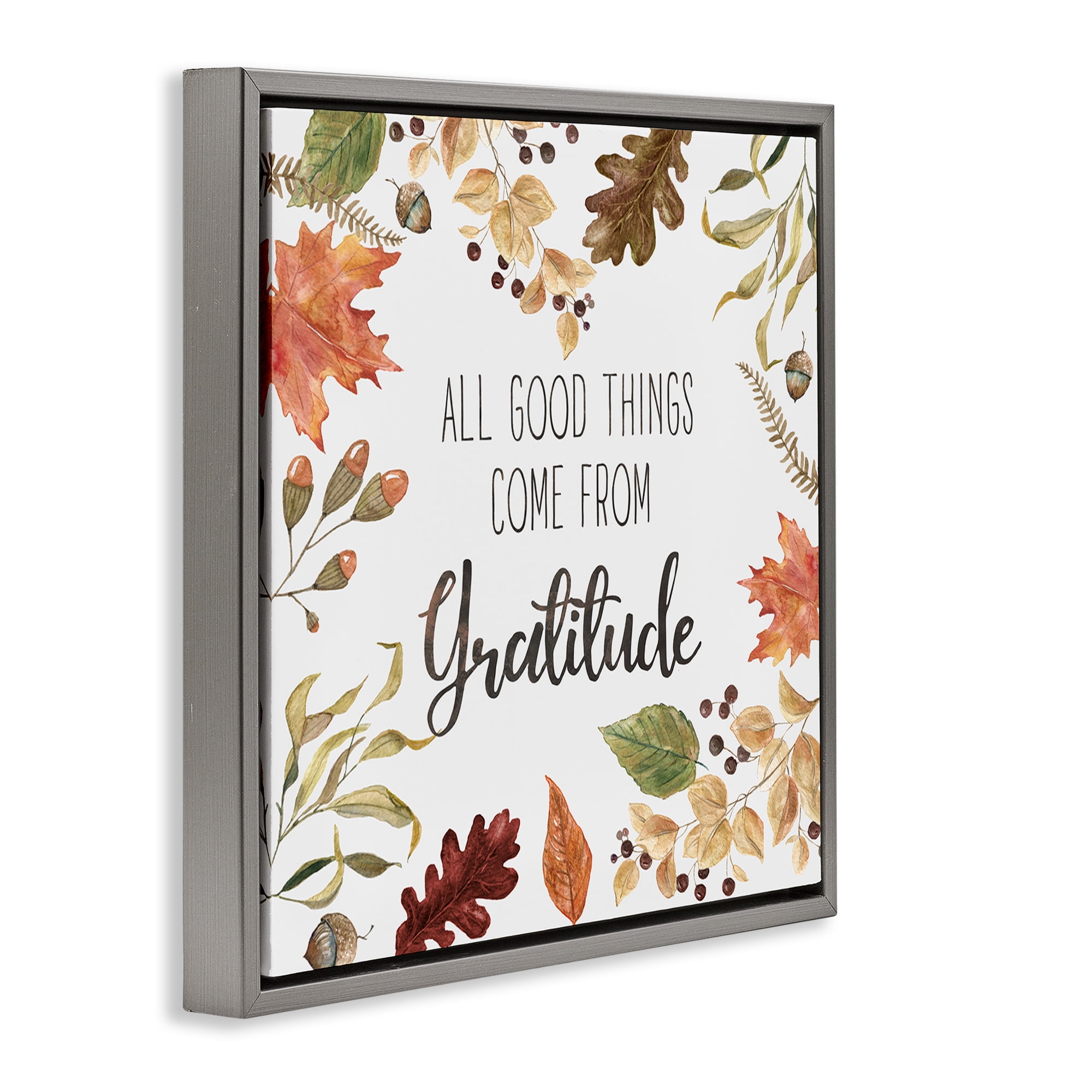 Stupell Industries All Good Things Graditude Botanical & Floral Painting Gray Floater Framed Canvas Art Prints Wall Art, 18 x 18