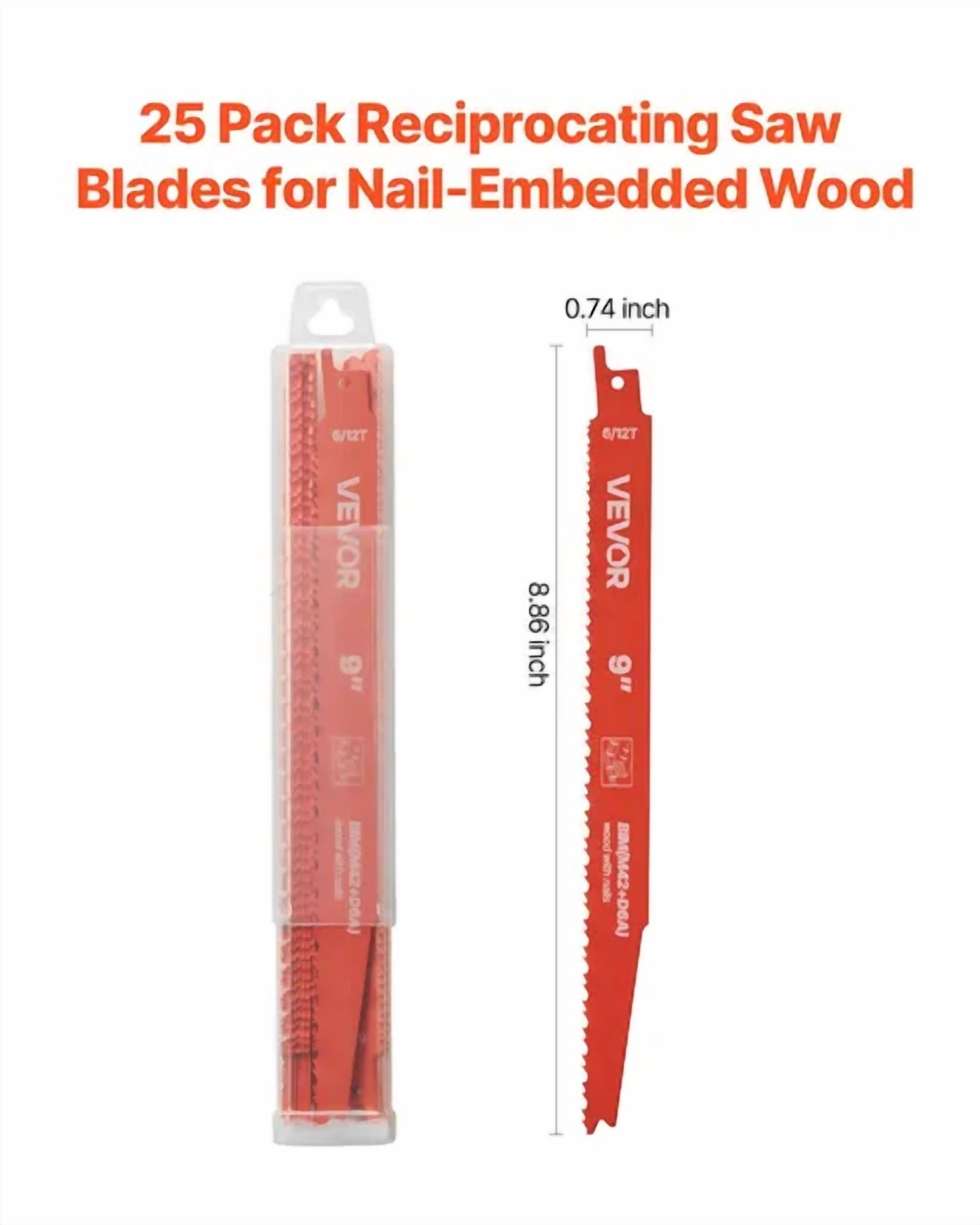 25 Pack 6/12 TPI Bi Metal Reciprocating Saw Blades Universal Shank Sharp Teeth for Fast Smooth Cuts Wood Nail Embedded Wood Demolition Orange