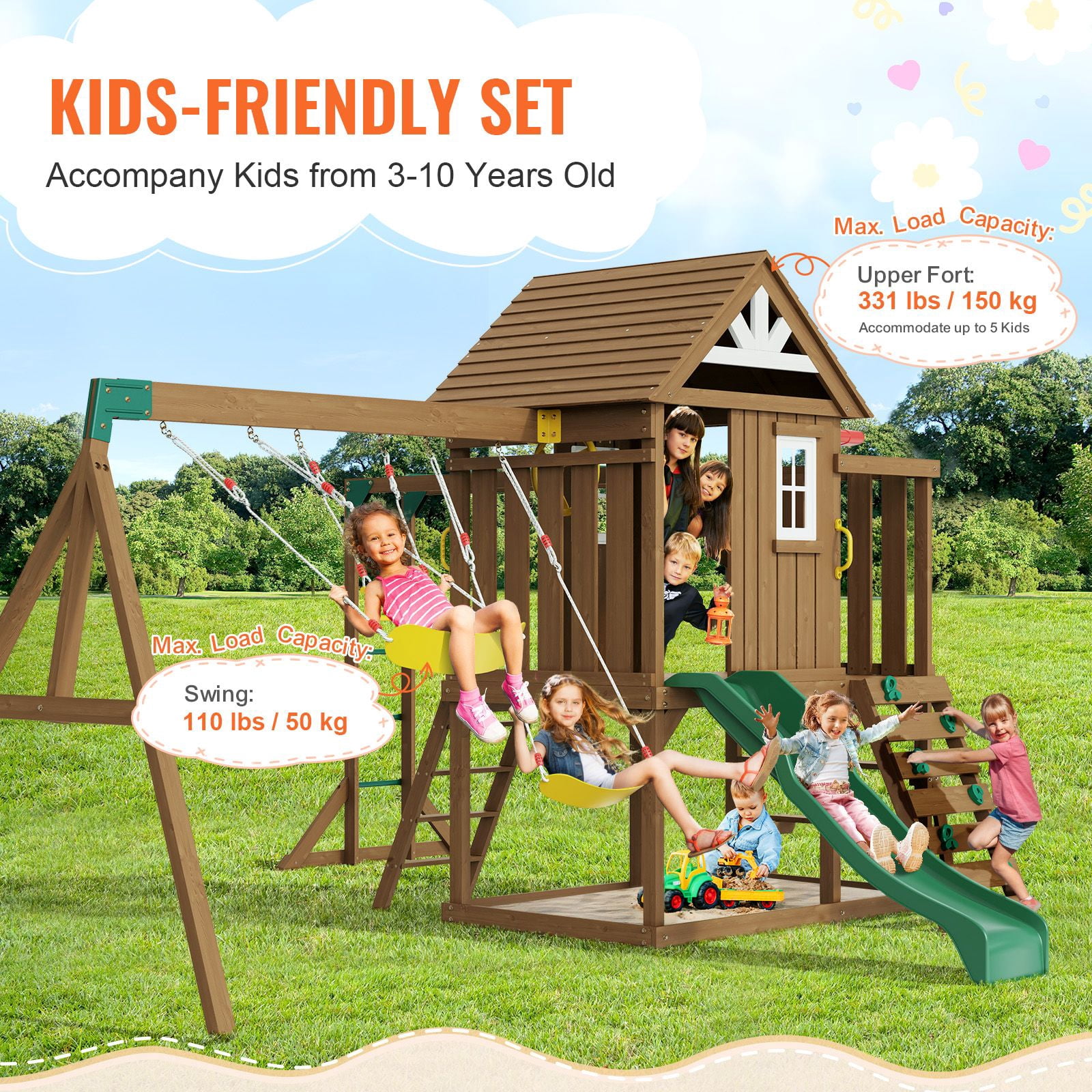 Wooden Swing Set, 10 in 1 Playground Sets for Backyards, 2 Swings, Trapeze Bar, 6FT Slide, Large Upper Fort with Kitchen Toys, Flat Step Ladder, Rock Wall, Picnic Table, Sandbox, Scaling Ladder