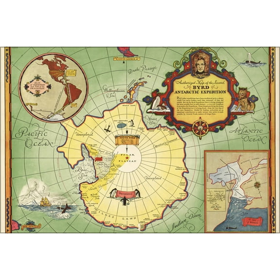 24"x36" Gallery Poster, map 2nd admiral Byrd Antarctica Expedition 1934