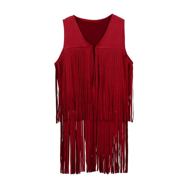 MIASHUI Manteau et Veste pour Filles - Ensemble de Cowboy Western pour Enfants - Tenue de Gilet à Franges pour Fêtes et Festivals - pour Se Déguiser et Rouge, 7-8 Ans