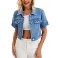 thumbnail image 1 of Chaqueta de mezclilla recortada de manga corta con botones y deshilachada para mujer INSPIRE CHIC, azul claro, XL, 1 of 6