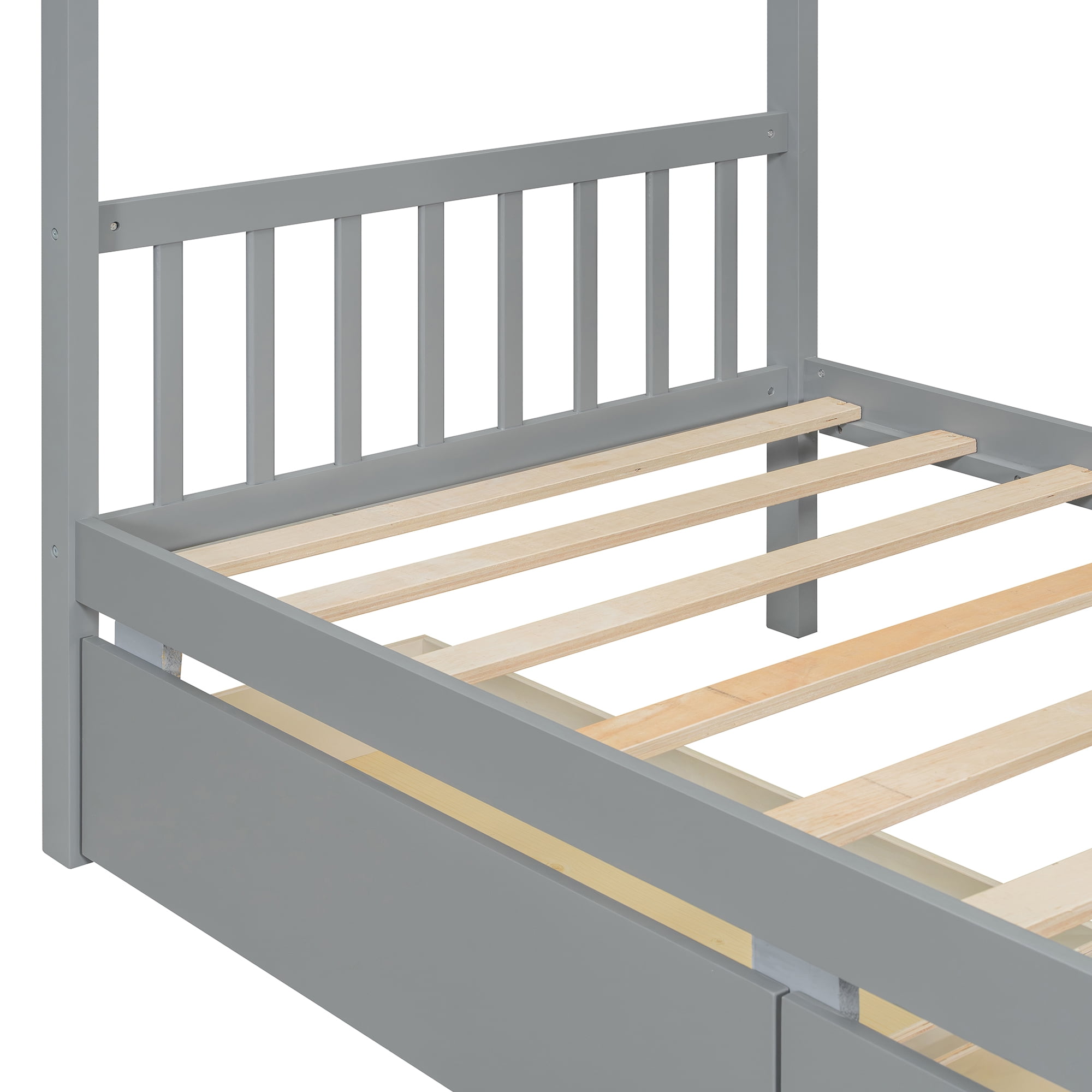 Aukfa Twin Size House Bed with Two Storage Drawers for Kids, Solid Wood Montessori Bed Frame, Gray