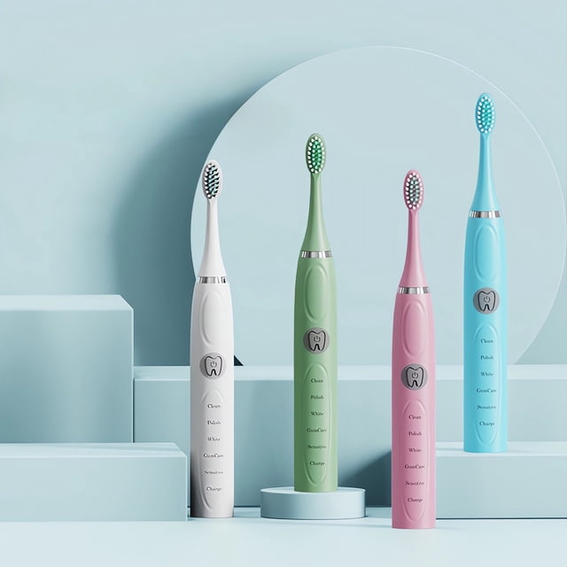 Cepillo de dientes eléctrico recargable para adultos - cerdas suaves, 5 modos de limpieza, carga USB, 6 cabezales de cepillo, impermeable, blanco/verde/rosa/azul