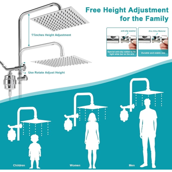 Dual Shower Head Combo, 10inch Square Rainfall Showerhead with 10inch Height Adjustable Slide  & 3-Way Diverter, Handheld Shower Head with On Off Switch & Adhesive Shower Holder