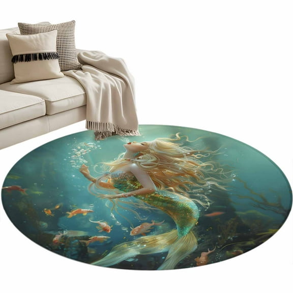 Coastal Ocean Round Area Rug 3 FT, Small Kitchen Bathroom Mat, Tropical Fish Sea Animals Seaweed Green Washable Indoor Outdoor Throw Runner Carpet Non-Shedding Doormat for Table Shower Sofa Entryway