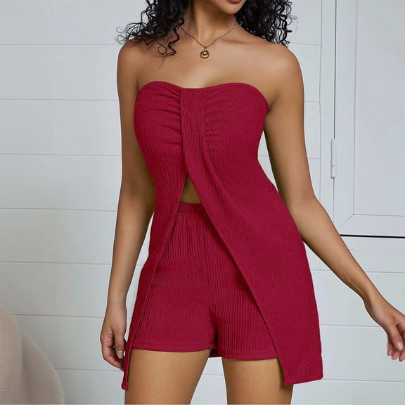 Women's Shorts Suit Summer Vacation Outfit Strapless Top 2 Piece Set Casual Beach Wear Comfortable Pure Color Outfit For Spring And Summer Cover up Bikini Swimsuit Pajamas for Women Shorts Suit Cute