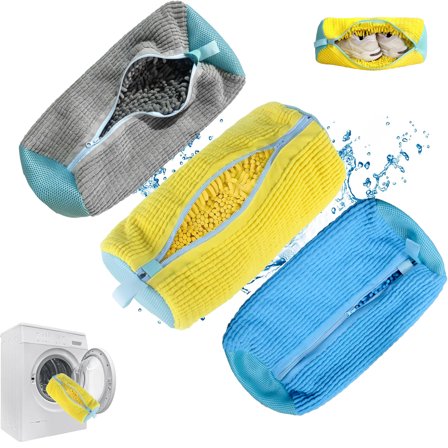 3PCS Shoe Washing Bag, Fluffy Fibers 360° All-Around Cleaning Shoe Laundry Bag, Top Hidden Zipper, Durable & Reusable for All Shoe Types YELLOW BLUE Grey