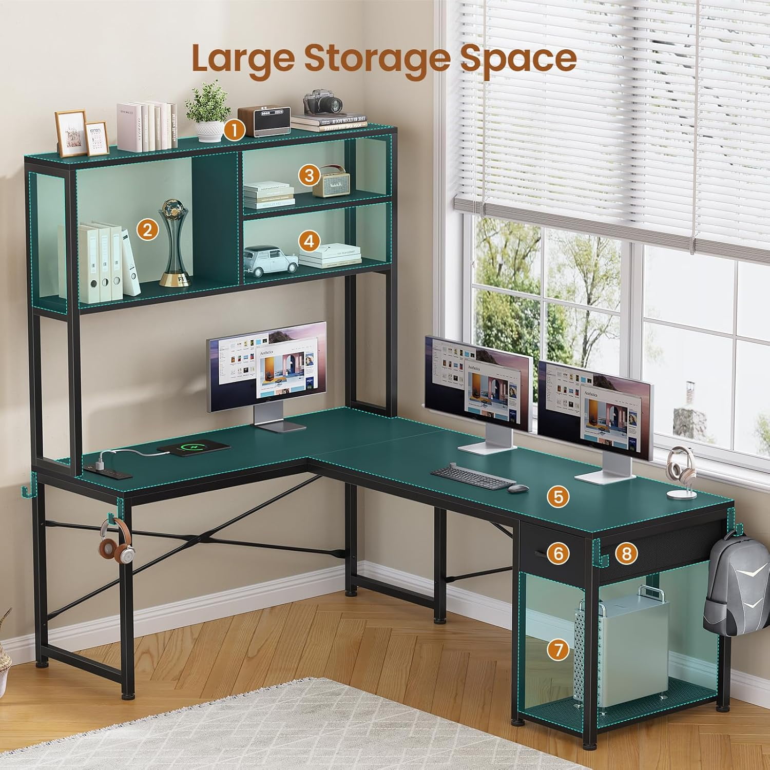 51" L Shaped Desk wtih Power Outlets and Storage, Reversible Gaming Desk with Drawer and Open Shelves, Small Computer Desk Corner Desk with LED Lights for Home Office, Bedroom, Small Space, Black