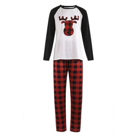 

Fiudx Fashion Christmas Women Plaid Deer Print Long Sleeve Tops+Pants Family Pjs Matching Set New 2338