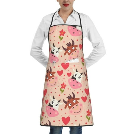 

Qekee Cow Flower And Heart Print Adjustable Bib Apron Resistant with Pocket Cooking Kitchen Aprons for Women Men Server Chef Apron