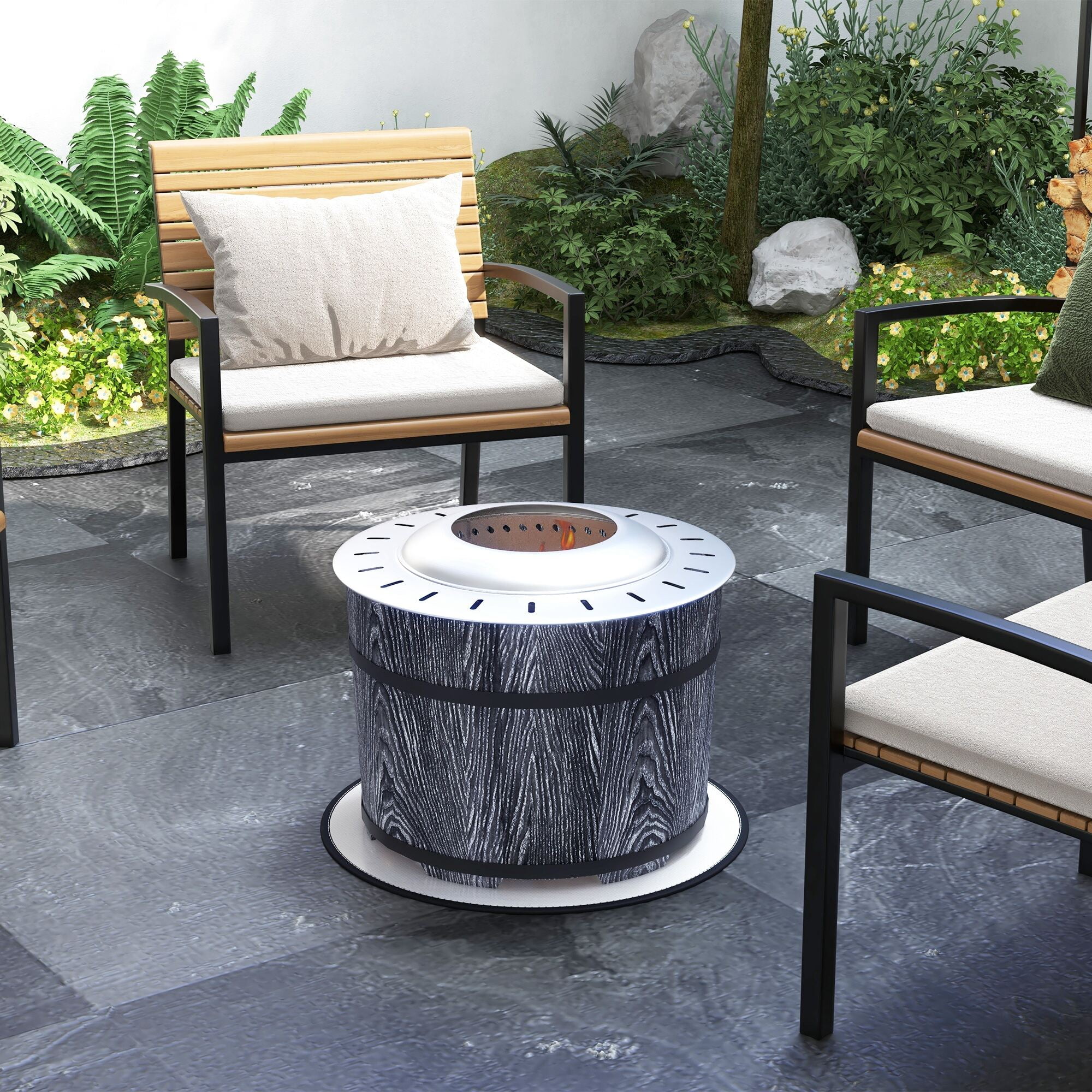 Outdoor Grill, Smokeless Fire Pit with Fireproof Mat, 20" Barrel Style Portable Wood Burning Firepit, Magnesium Oxide Low Smoke Camping Bonfire Stove for Backyard, Patio, Picnic, Black, BBQ Grill