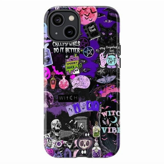 Witchy Gothic Collage iPhone Case, Creepy Girls Do It Better, Crystals, Potions & Spooky Juice – Purple Halloween Phone Aesthetic Cover for iPhone 16 15 14 13 12 11 Pro Max Plus Mini