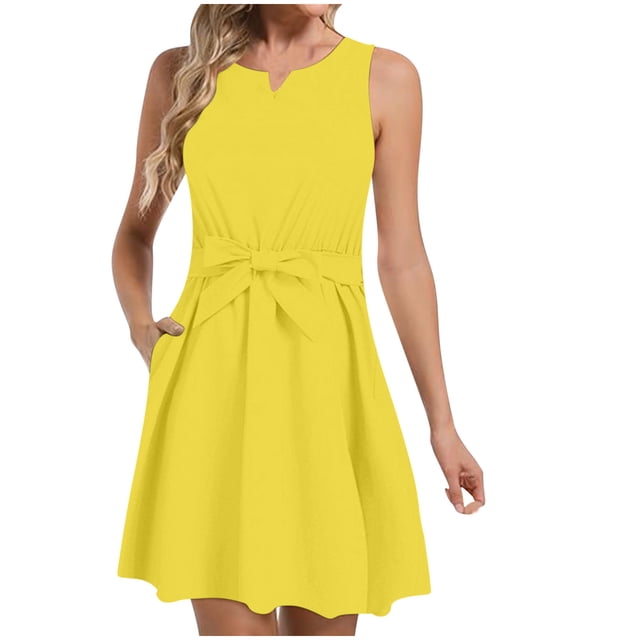 AherBiu Robe pour Femmes 2024 Élégante Tendance Sans Manches Débardeur Robe Midi Fluide Froncée Longueur Genou Robe d'Été