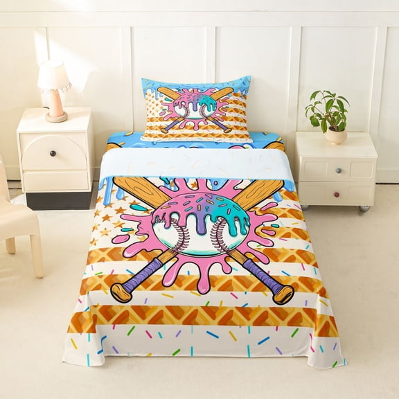 Erosebridal Baseball Ice Cream Drip Twin Sheet Sets, Waffle US Flag Bedding, 1 Flat Sheet, 1 Fitted Sheet and 1 Pillowcase