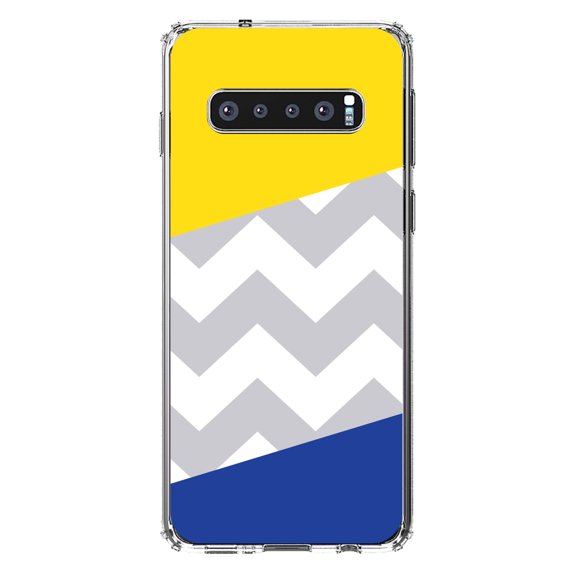 DistinctInk Clear Shockproof Hybrid Case for Samsung Galaxy S10 (6.1" Screen) - TPU Bumper, Acrylic Back, Tempered Glass Screen Protector - Blue Yellow Block Grey Chevron - Stripes Pattern