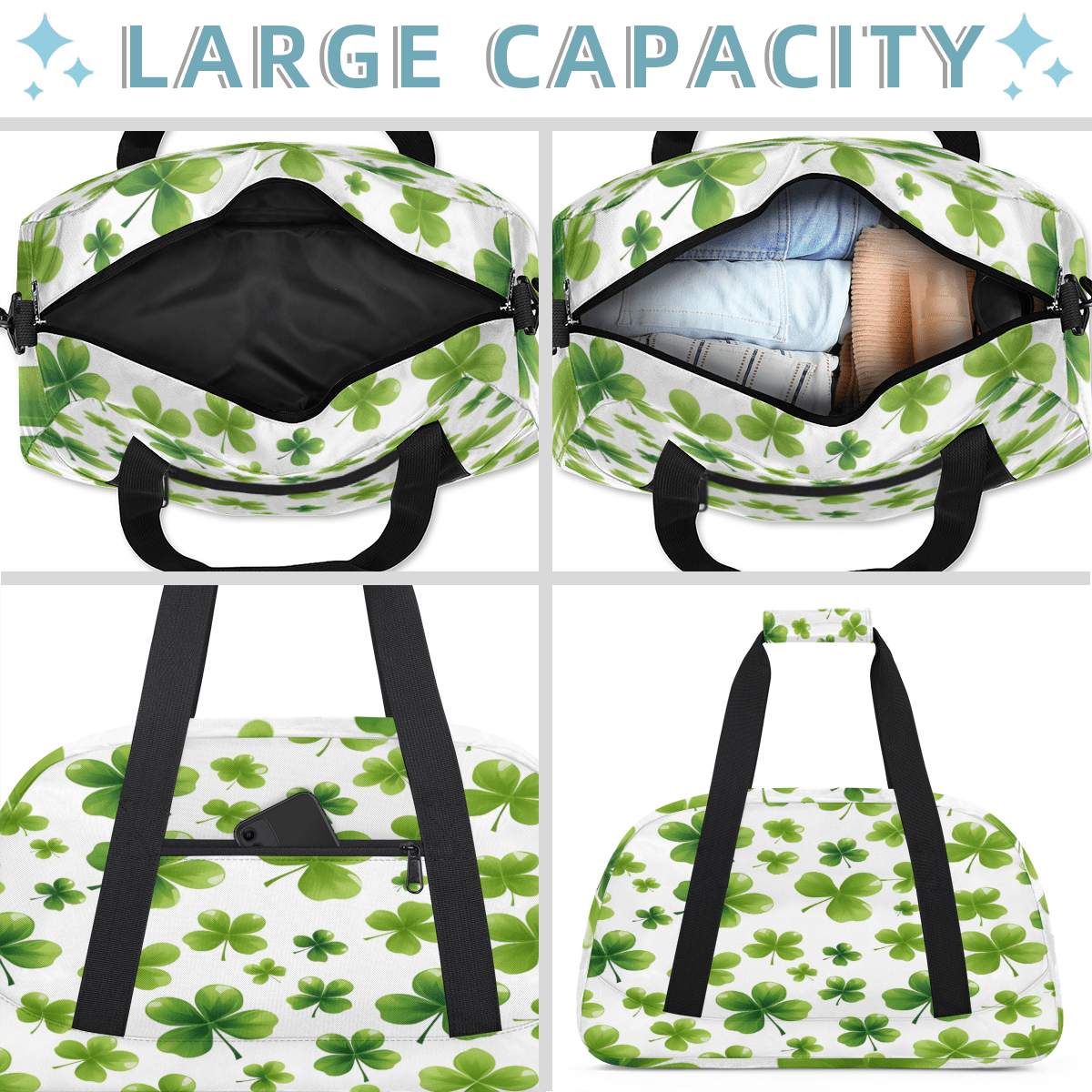 Herdesigns St Patricks Day Lucky Clover Sports Duffle Bag for Women & Men, Gym Bag Dance Bag Overnight Bag Carry On Weekender Travel Bag