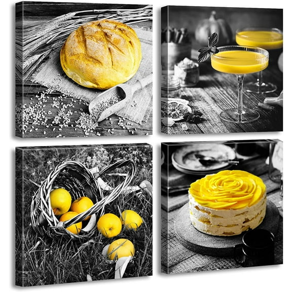 Kitchen Wall Decor Black and White Yellow Wall Art Bread Cake Fruit Picture Canvas Print Paintings for Cafe Dining Room Restaurant Farmhouse Kitchen Decoration 12" Wx12 Hx4