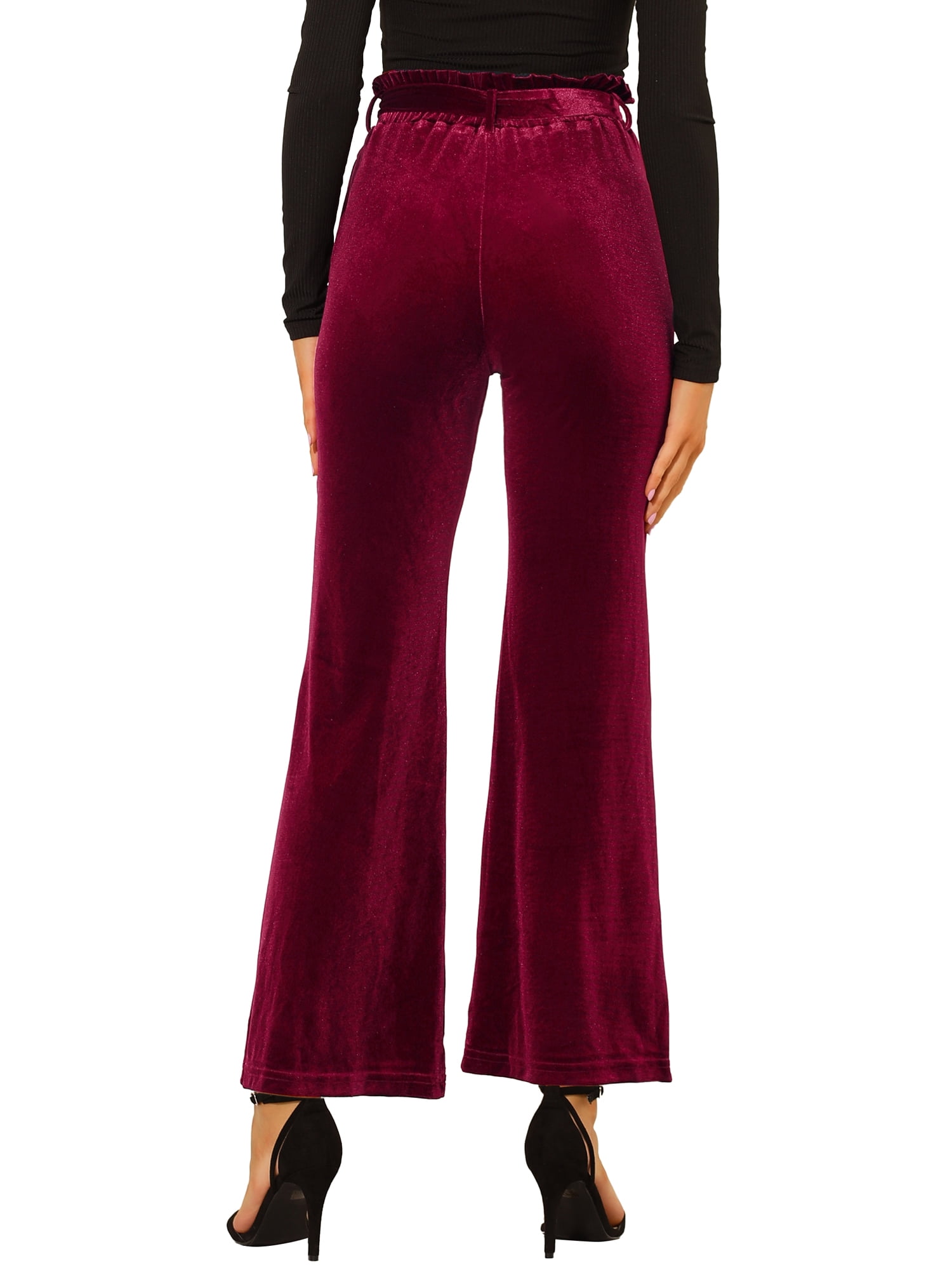 DARING DIVA Women's Velvet Tie Waist Wide Leg Stretchy Pants Trousers L Burgundy