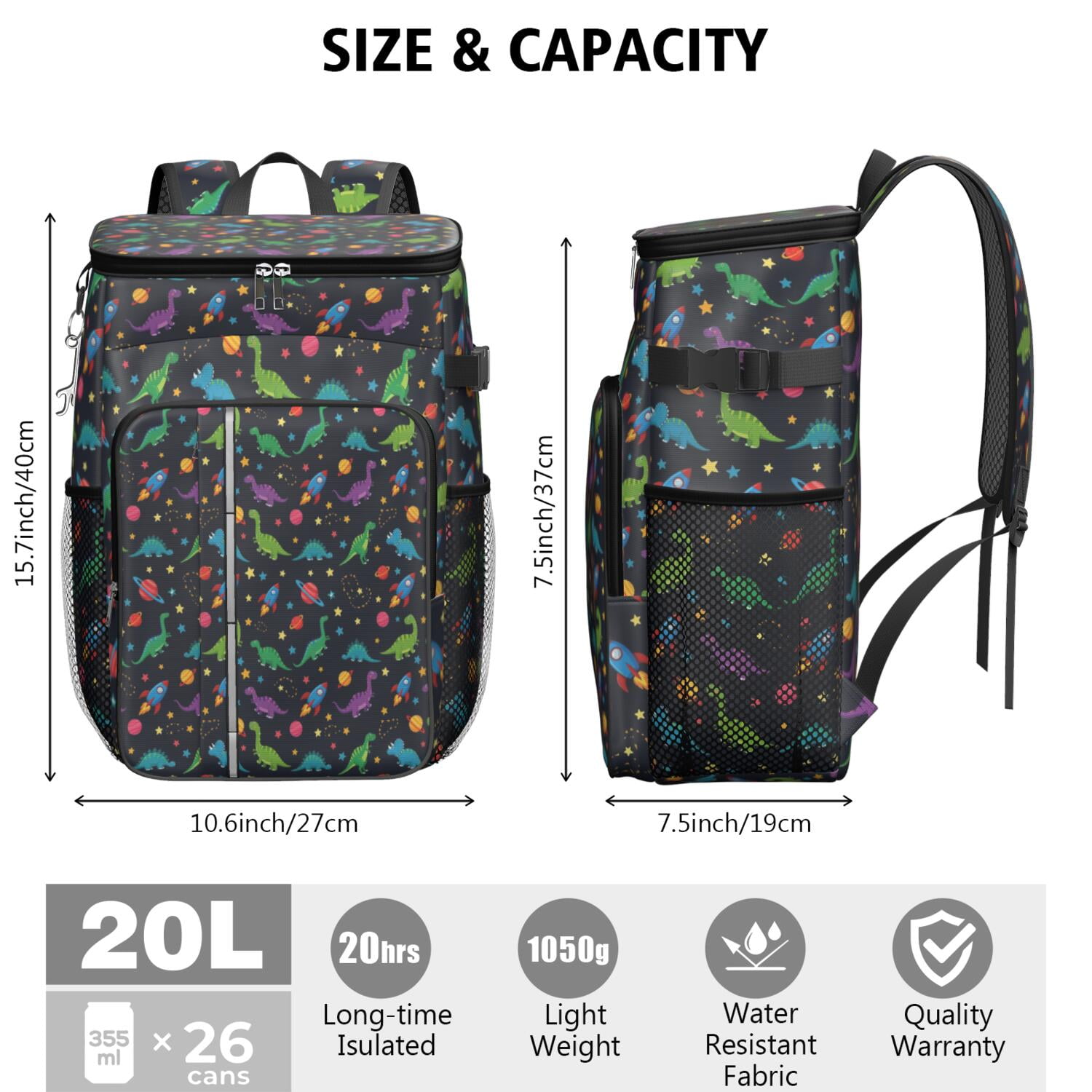 Travel Cooler Bag - Space Dinosaur Pattern Camping Beer Cooler Backpack with Bottle Opener- Waterproof Insulated Picnic Backpacks - Cooler Bag for Beach