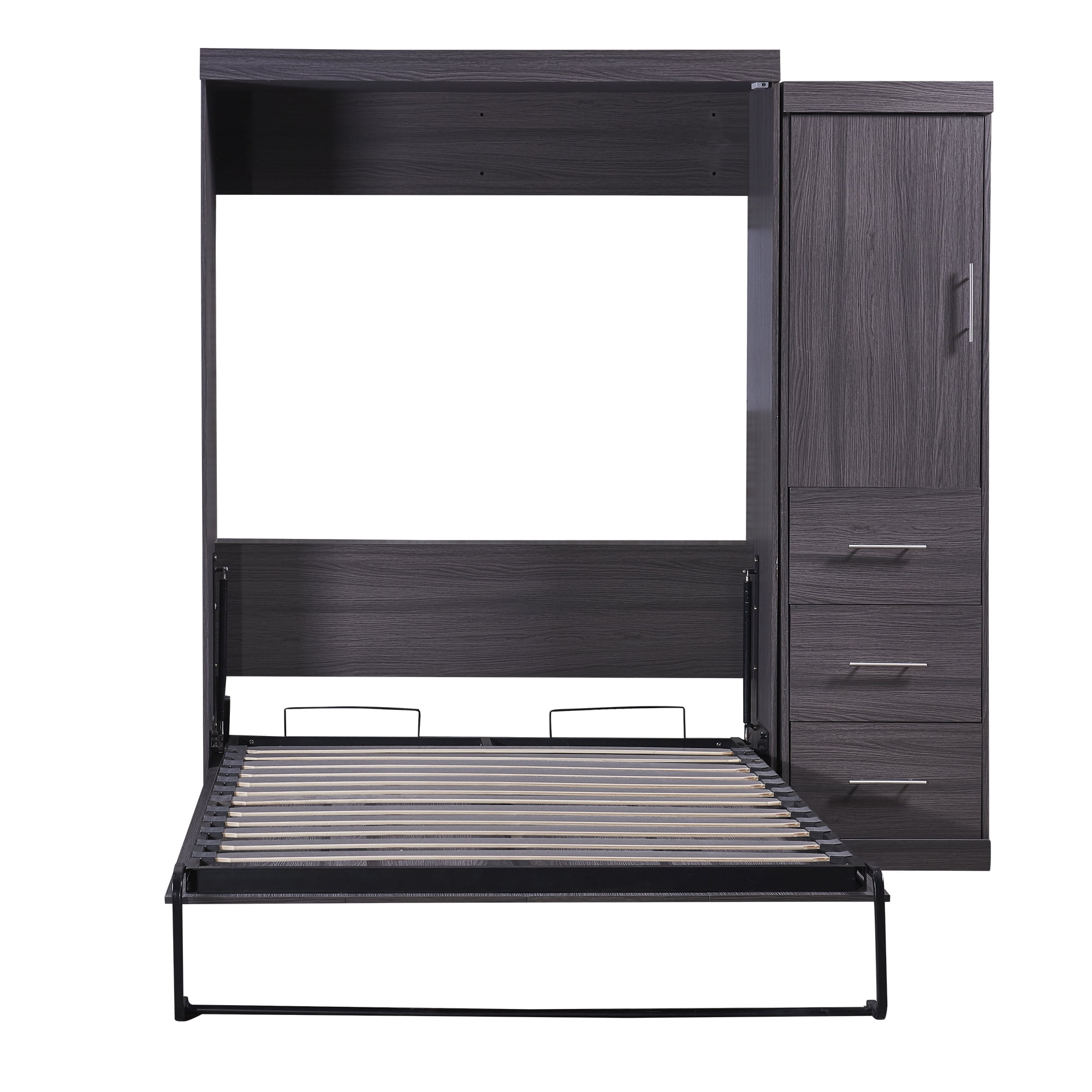 Euroco Wood Full Size Murphy Wall Bed with Wardrobe and Drawers for Living Room, Moveable Wardrobe and Drawers, Space-Saving & Easy Open and Close, Gray