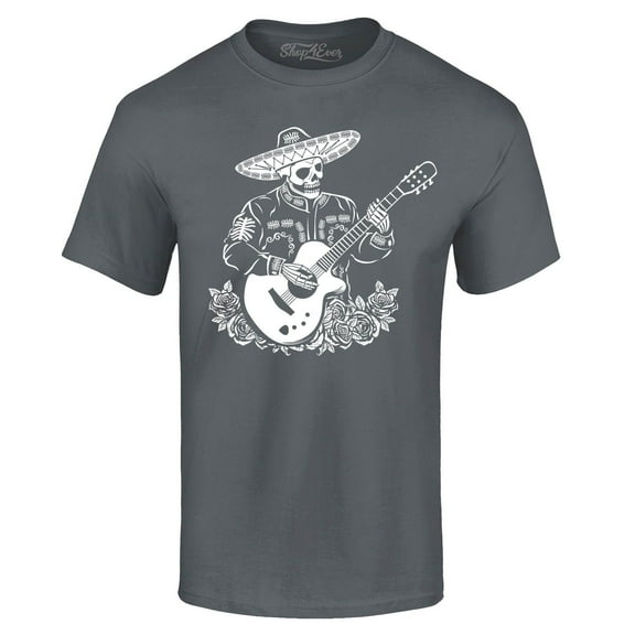 Shop4Ever Men's Mariachi Skeleton Guitar Graphic T-shirt Medium Charcoal