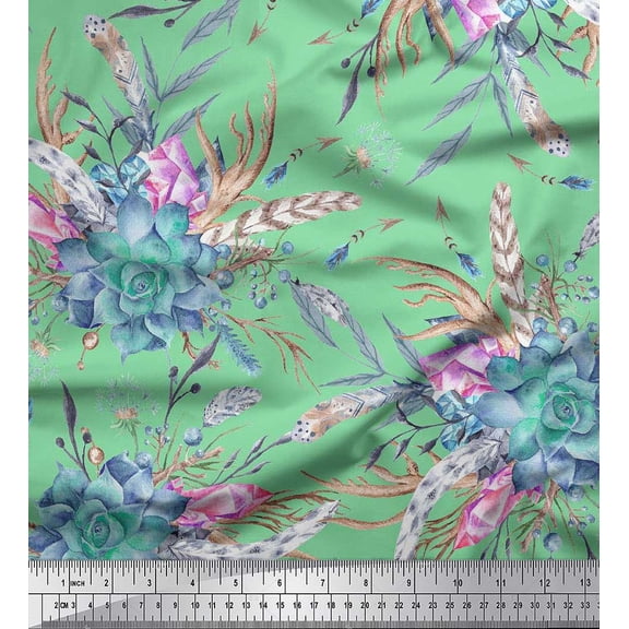 Soimoi Green Cotton Duck Fabric Leaves,Pink & Blue Floral Print Fabric by Yard 42 Inch Wide