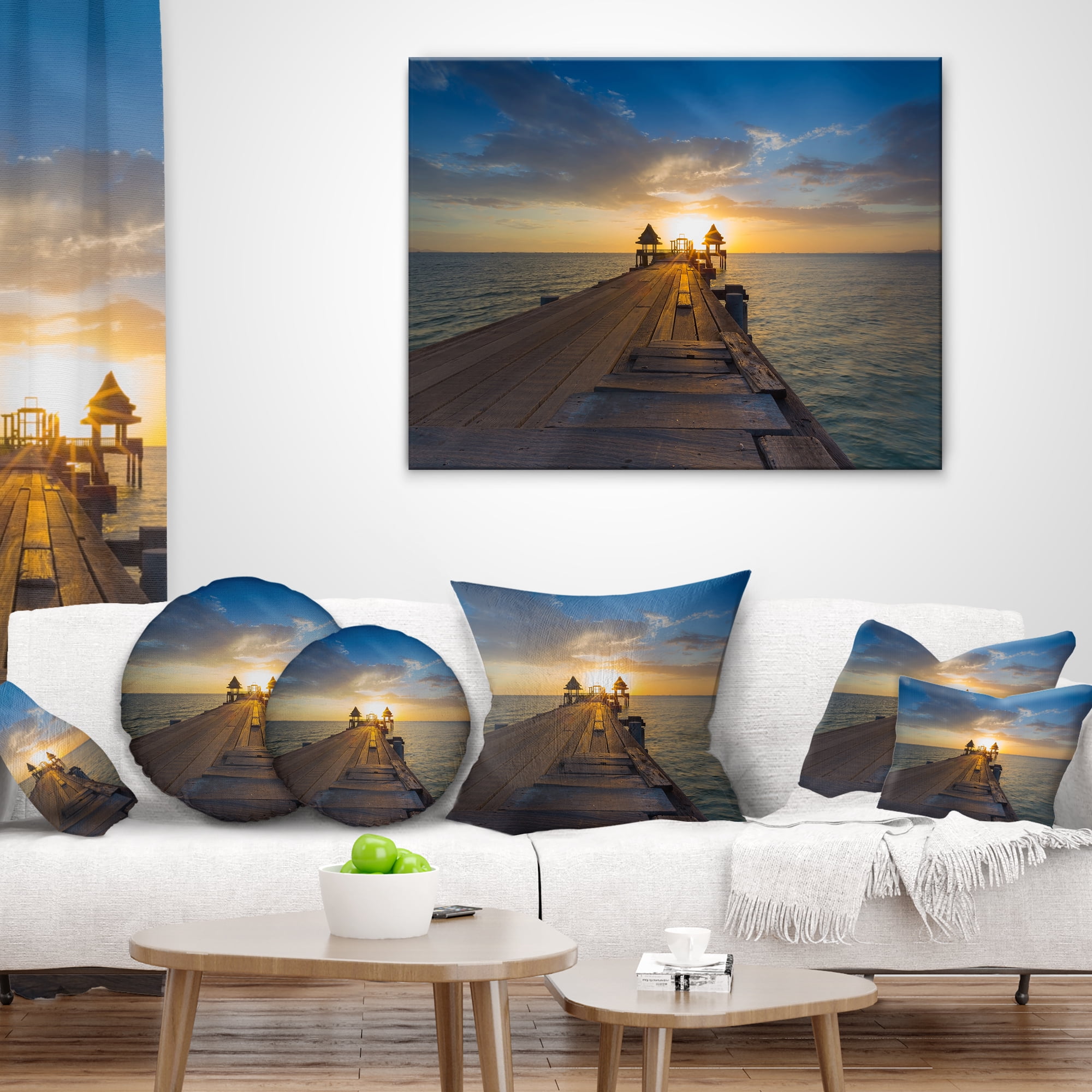 Designart Huge Wooden Pier into Setting Sun - Pier Seascape Throw Pillow - 16x16