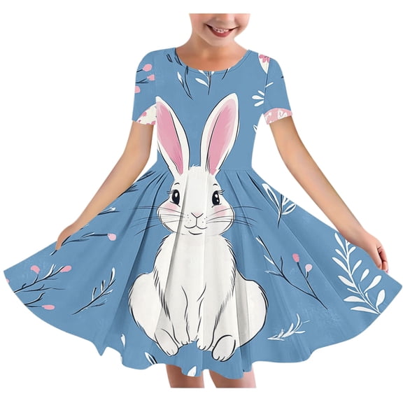 SGFCWSX Girls Easter Dress Cute Bunny Floral Print A-Line Short Sleeve Crew Neck Casual Summer Dresses for Kids Multicolor Size 11-12 Years