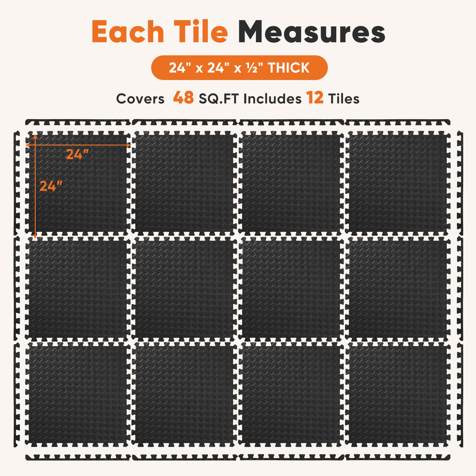 EDX 24 inch EVA Foam Tiles, 12P Puzzle Exercise Mat for Home Gym & Floor Padding, Black
