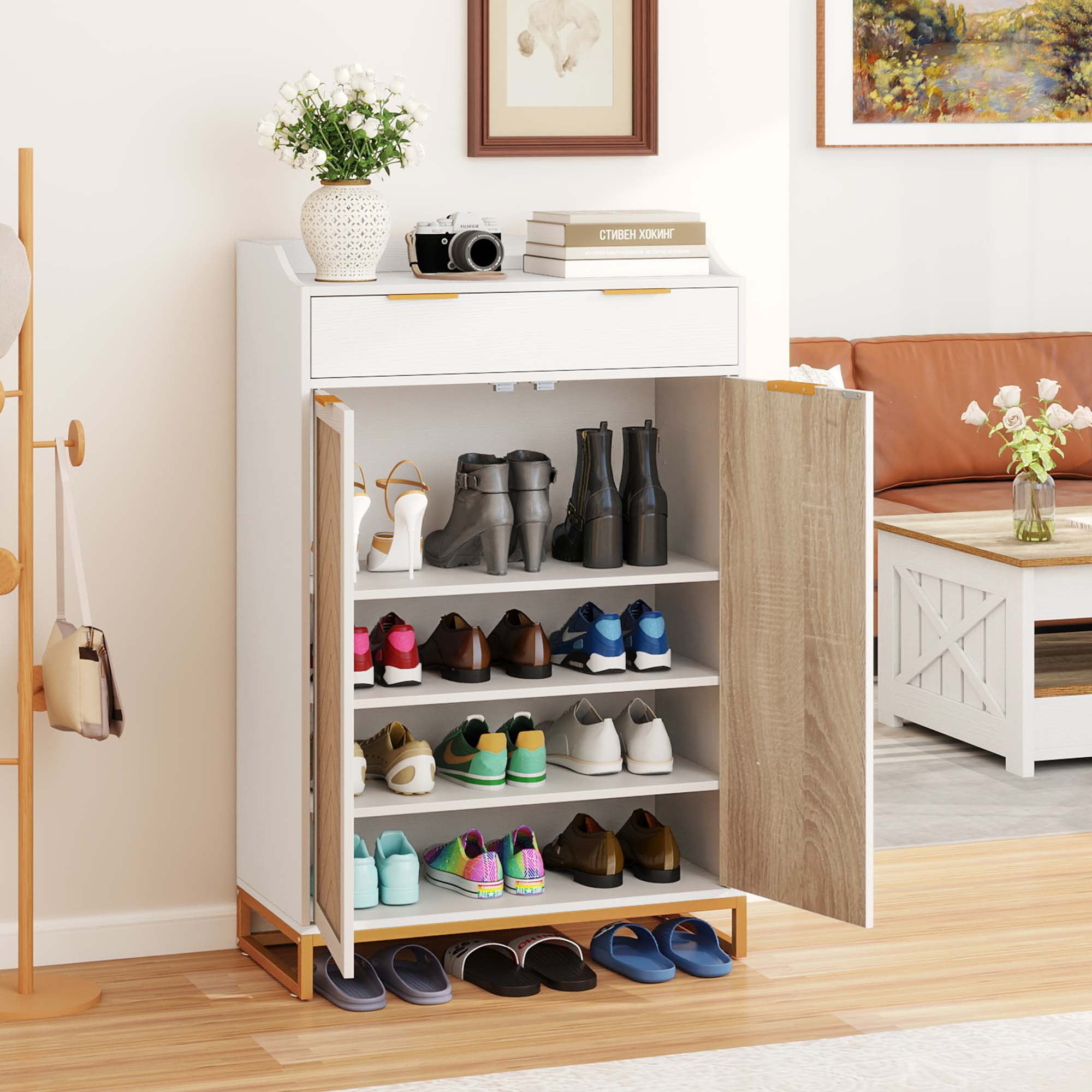 Uforic 4-Tiers Shoe Cabinet with Door, Shoe Rack Organizer Cabinet with Adjustable Shelves, Black