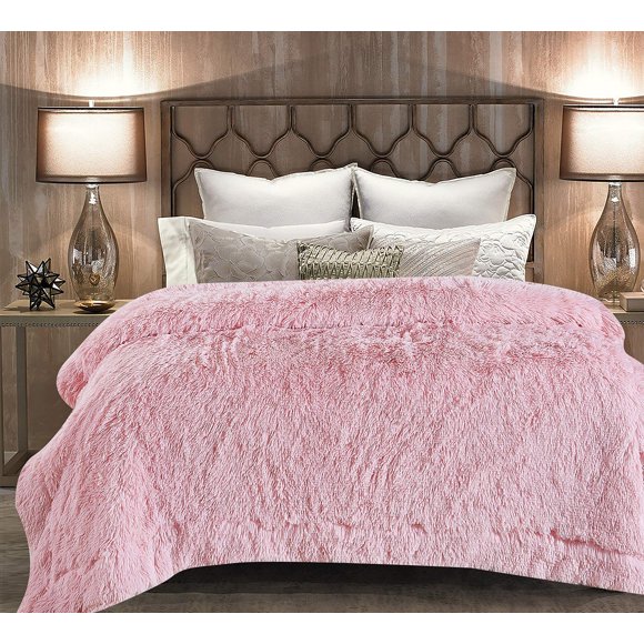 Chanasya Super Soft Fuzzy Shaggy Faux Fur Throw Blanket - Chic Design Snuggly Plush Lightweight with Fluffy Reversible Sherpa for Couch Living Room Bedroom and Home Décor (Queen) Pink