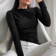 thumbnail image 3 of Camisa básica de manga larga para mujer, camisa con cuello inclinado y hombros plisados para interior y exterior, color negro S, 3 of 7