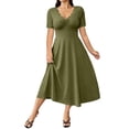 thumbnail image 2 of Ayolanni Short Sleeve Women Summer Dresses Solid Casual V-Neck Maxi A-Line Dress Fitted Waist Wedding Guest Dressy Lace Patchwork Vacation Sundress Green L, 2 of 9