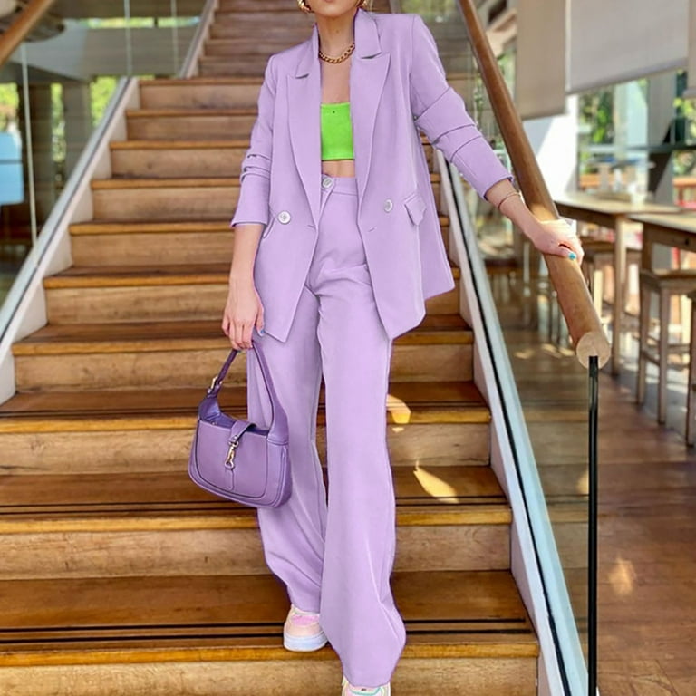 Womens Business Work Suit Set Long Sleeve Blazer with High Waist Wide Leg Suit  Pants Basic Office Formal Suit Sets 