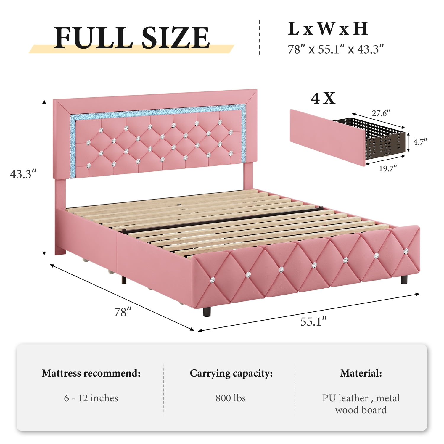 4 Ever Winner Full Size Pink LED Bed Frame with Storage Drawers, Diamond Tufted Upholstered Headboard