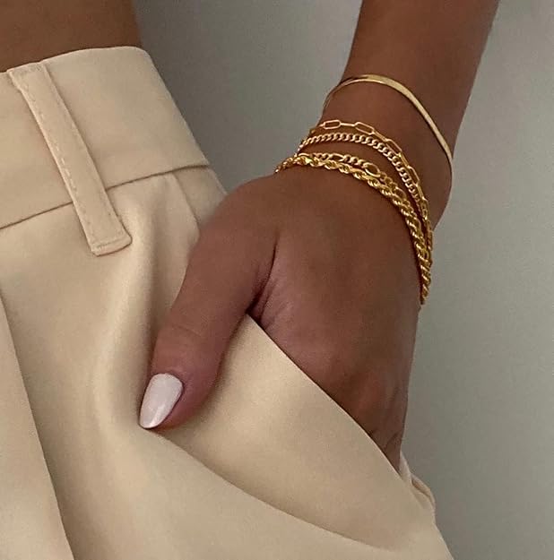 Stack Bracciali Impilabili Donna: Set Di Catene Oro/Argento 14K - Modelli Cuban Link E Paperclip - Delicati E Trendy