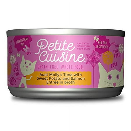 UPC: 0693804491572 | Petite Cuisine Wet Cat Food Aunt Molly s Tuna with Sweet Potato & Salmon – 2.8 oz. Cans (Pack of 24)