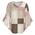thumbnail image 5 of Pink Beige Brown Textile Squares Women's V-Neck Blouse With 3/4 Ruffled Bell Sleeves Casual Top Ladies Blouses, 5 of 7