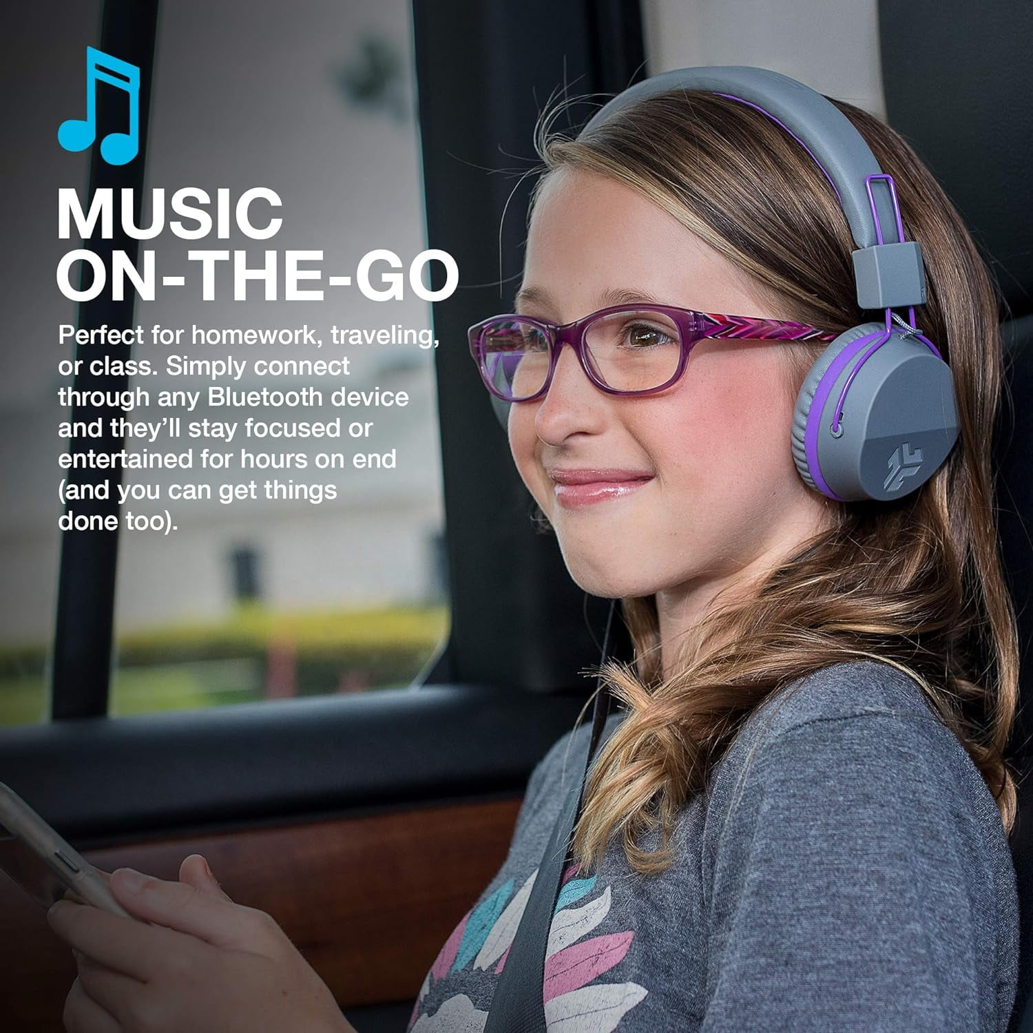JLab JBuddies Studio Wireless On-Ear Kids Headphones, Volume Limiter, Folding, Adjustable, Bluetooth, Graphite/Purple