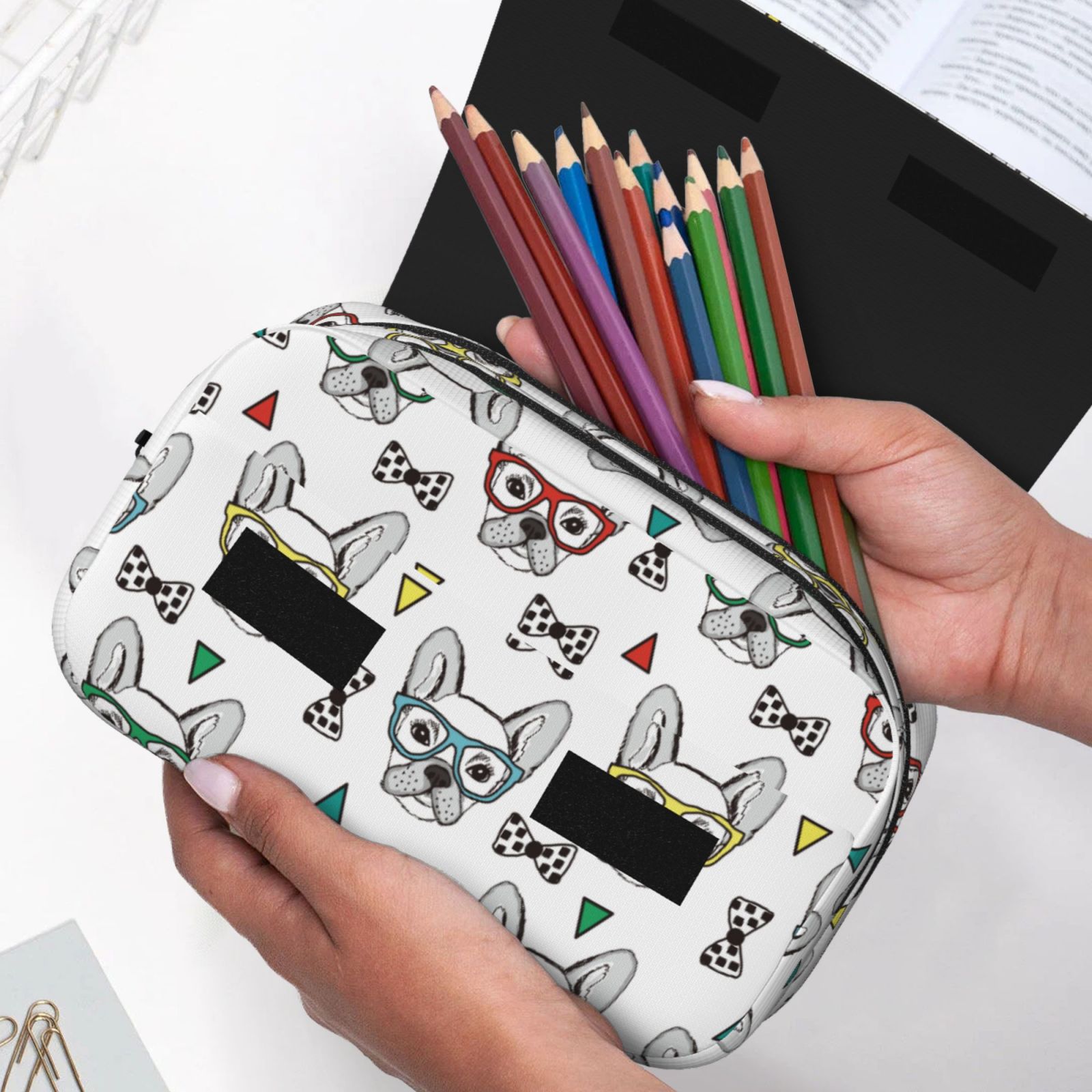 Rateoe Cute French Bulldog Pattern Double Clamshell Pen Case, Storage Organizer with Two Zipper Compartments– Holds Up to 50 Pencils & Pens