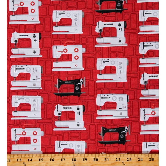 Cotton Sewing Machines Vintage Quilters Sewing Bernina Red Cotton Fabric Print by the Yard (02279-10)