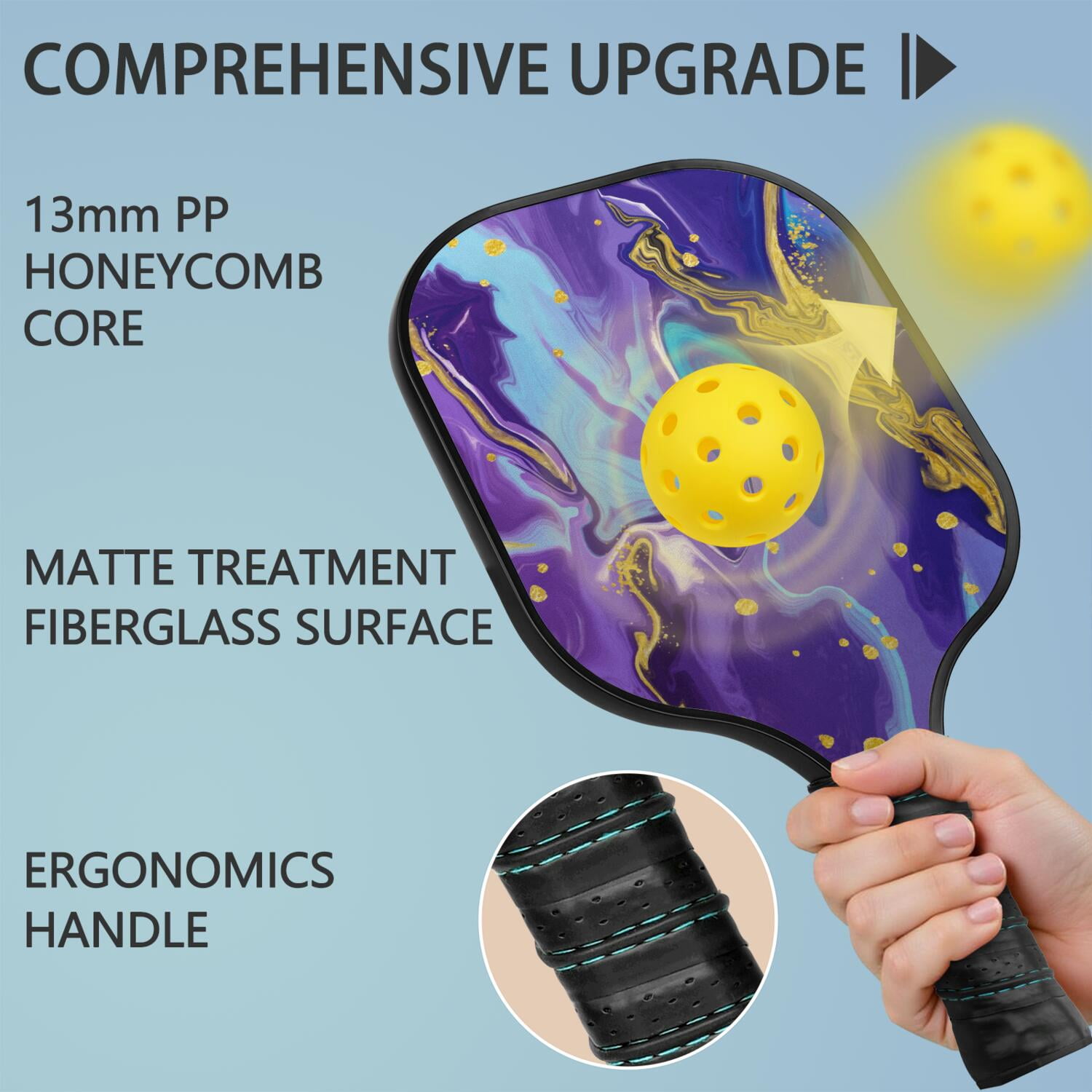 Pickleball Paddles Set Of 2, Fiberglass Surface, Liquid & Marble Print, 4 Balls & Bag