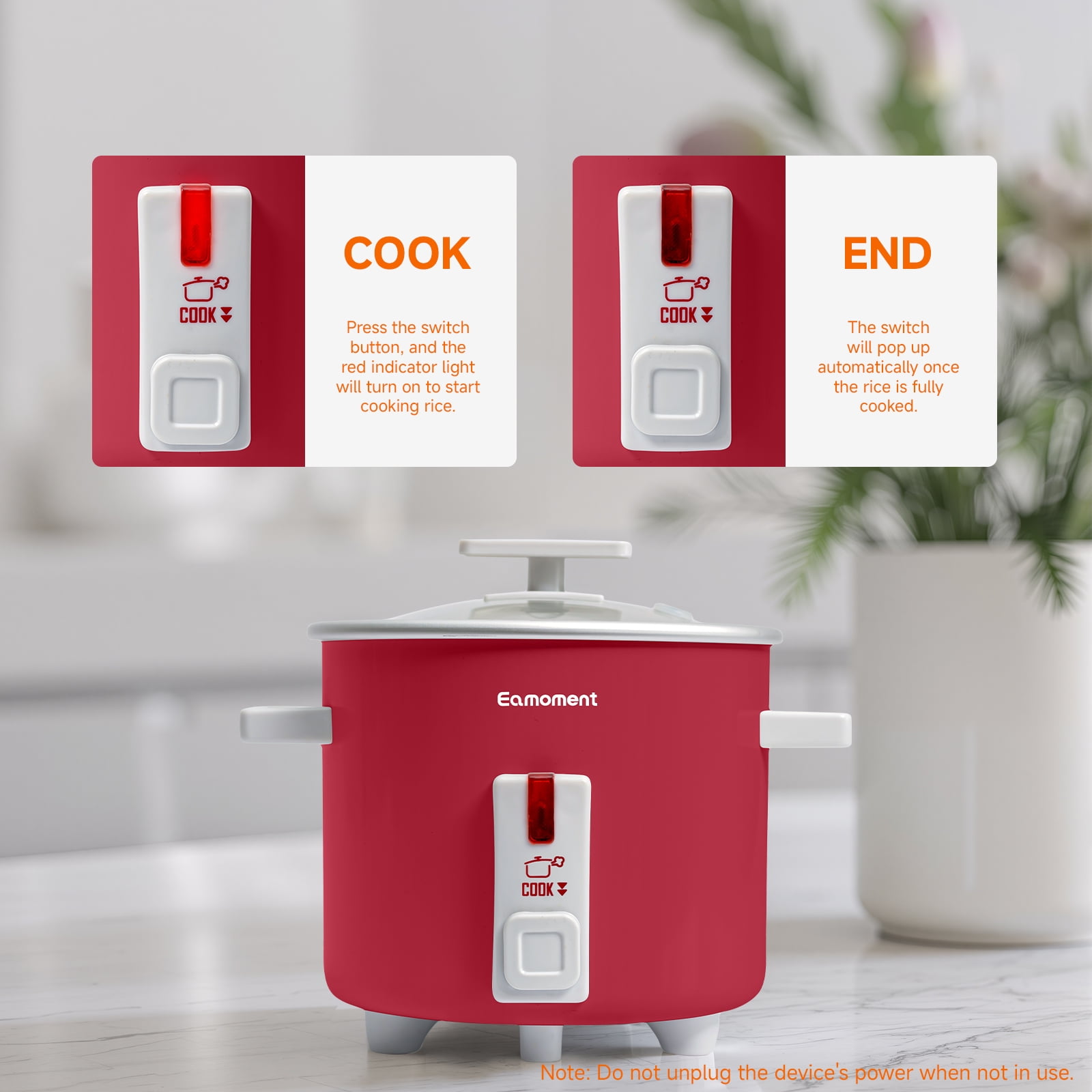 Small Rice Cooker, 1.5 Quart Mini Non-Stick Coated Insert Food Steamer and Dishwasher-Safe Glass Lid and Pot, Red