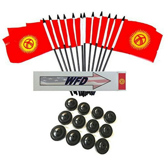 Pack of 12 4"x6" Kyrgyzstan Polyester Miniature Office Desk & Little Table Flags, 1 Dozen 4"x 6" Kyrgyzstan Small Mini Handheld Waving Stick Flags with 12 Flag Bases (Flags with Stands)