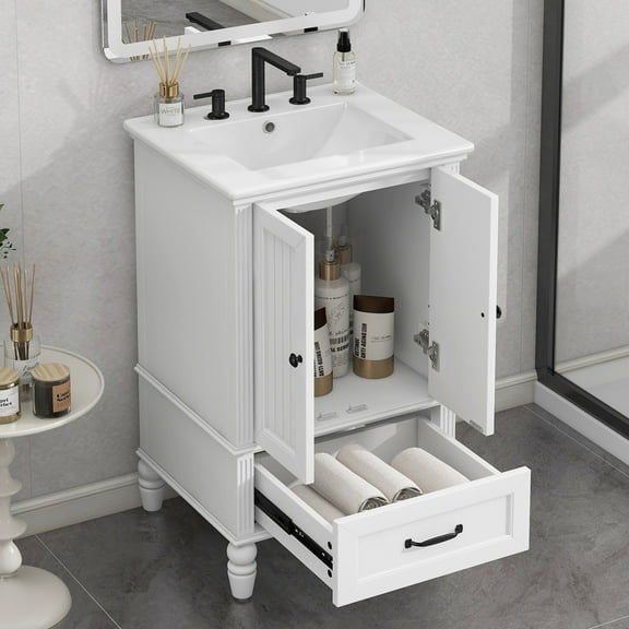 20" Bathroom Vanity with Sink, Modern Freestanding Cabinet with 2 Doors & Drawer, Stainless Steel Hinges, Magnetic Door Stopper, Adjustable Feet for Humid Bathrooms, White Storage Vanity