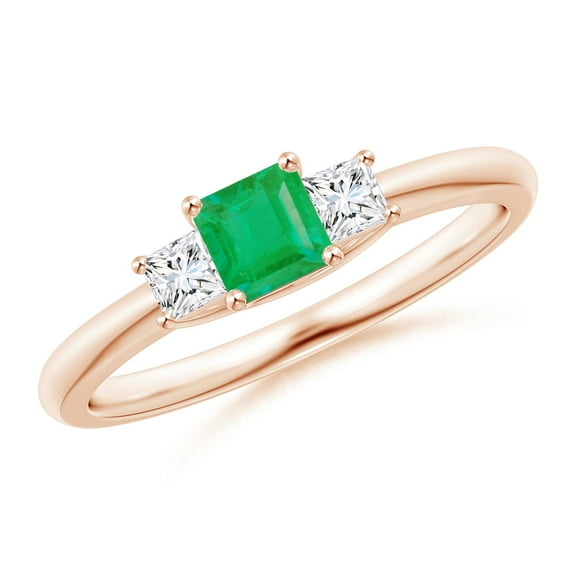 ANGARA Natural Square Emerald and Princess Diamond Three Stone Engagement Ring in 14K Rose Gold for Women (Size-4mm) | May Birthstone, Anniversary, Jewelry Gift for Women | Natural Emerald Ring