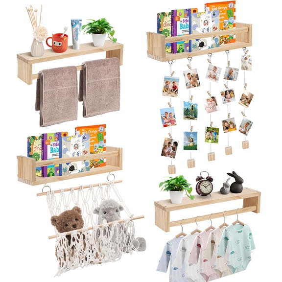 JUMRHFAN 4Pack Floating Bookshelves with Lip, Versatile Wall-Mounted Kids Book Shelf for Books, Toys and Decor Storage